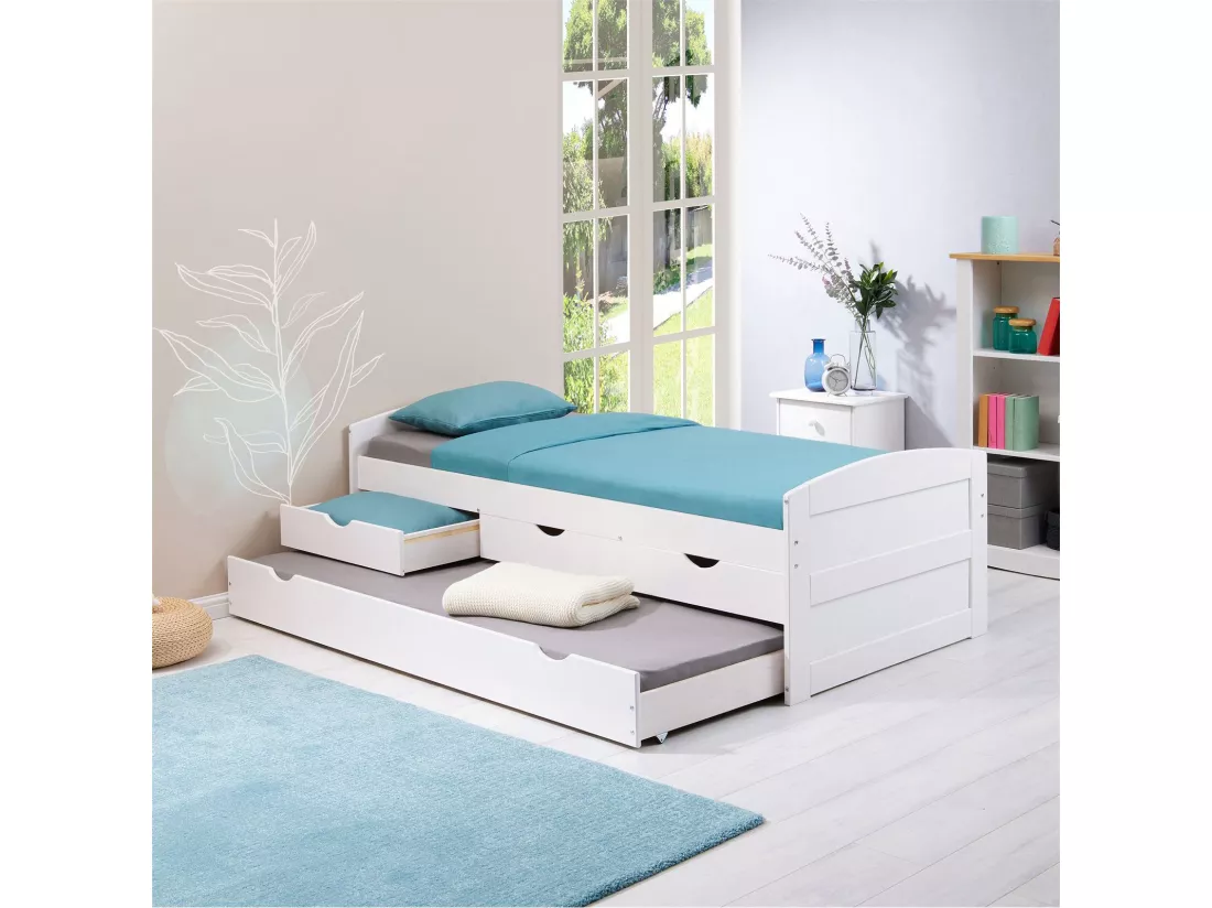 Lit gigogne JESSY lit enfant fonctionnel avec tiroir-lit et rangement 3 tiroirs, couchage 90x190 cm, en pin massif lasuré blanc