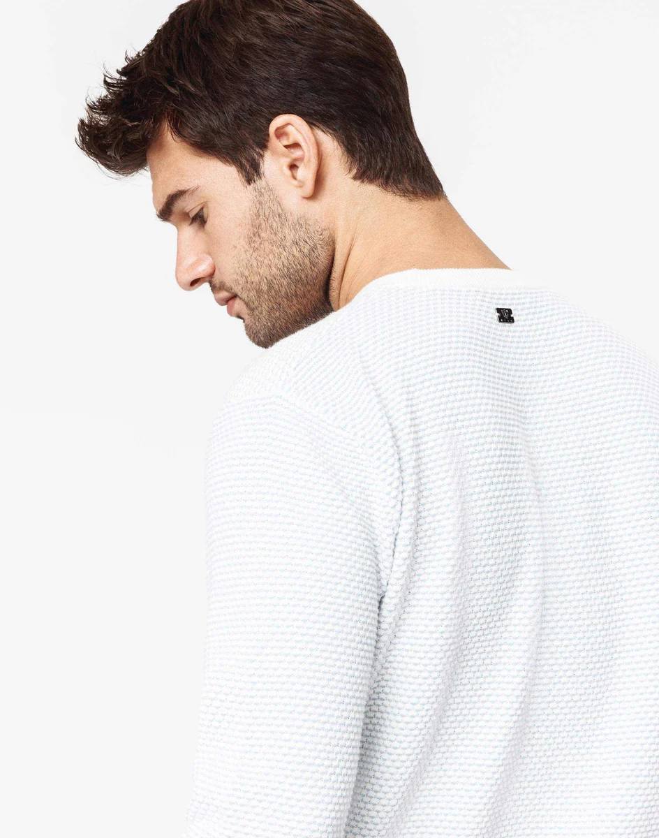 Pull col rond ciel/blanc 