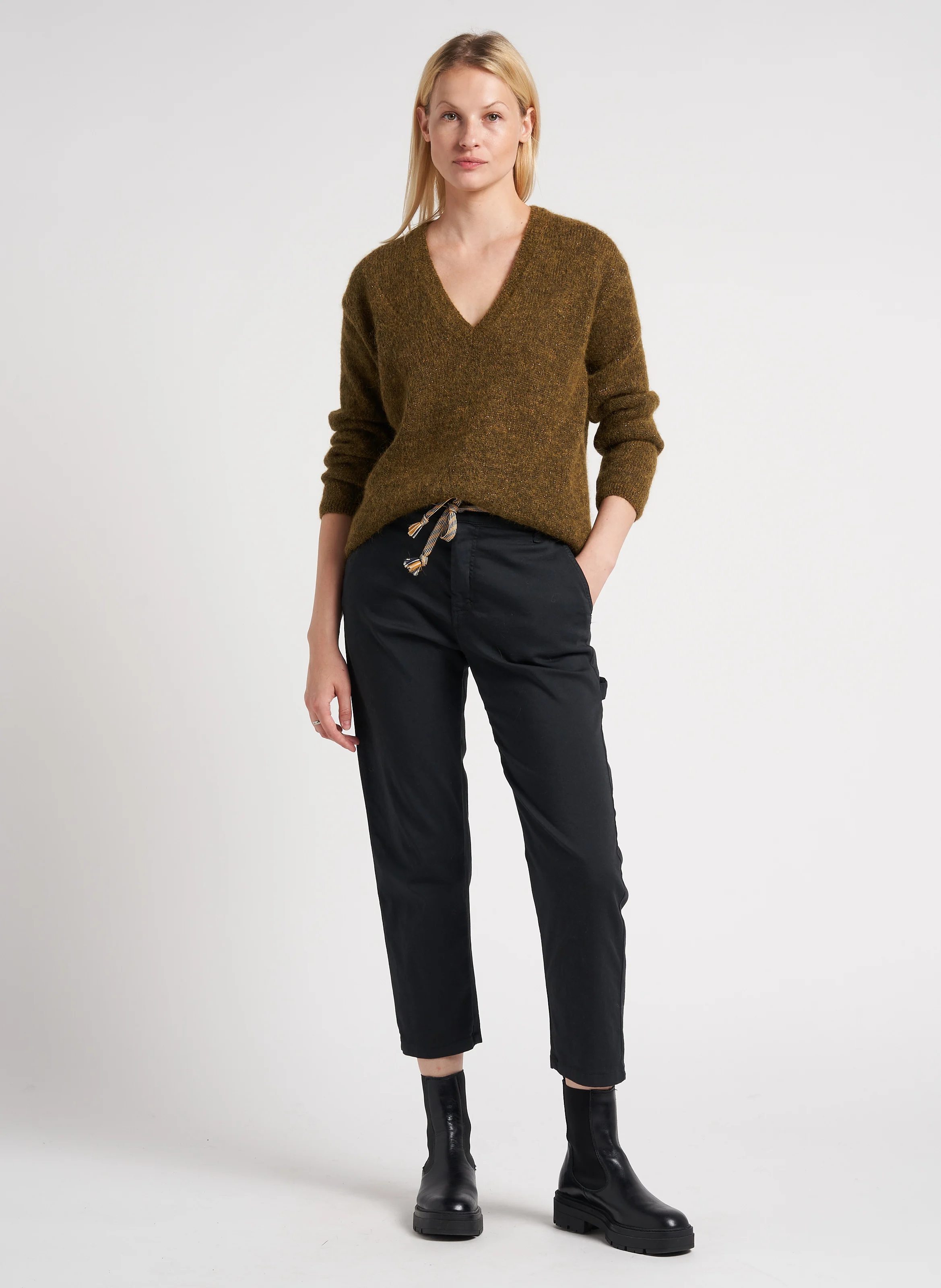Pantalon carotte en coton mélangé | Noir