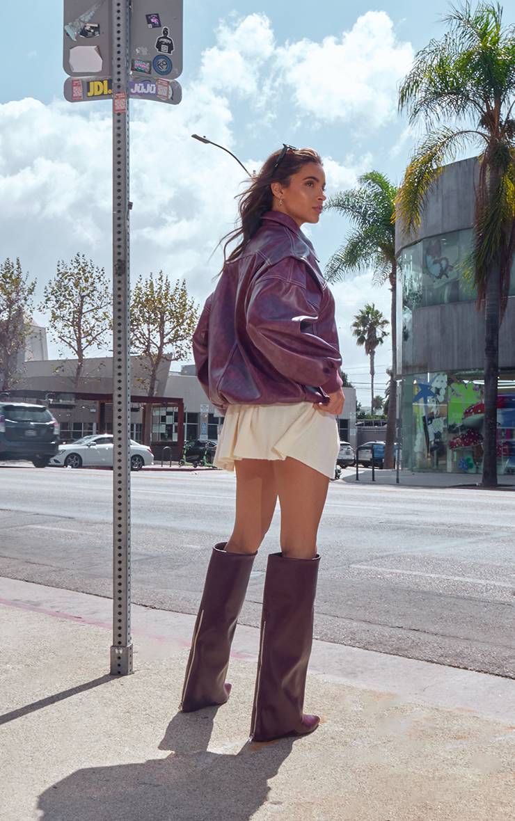 Rouge Bordeaux Veste Bomber Longue Oversize En Synthétiquecuir Effet Vieilli
