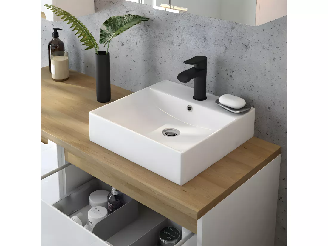 Meuble double vasque 120cm 4 tiroirs Livia Blanc et Bois