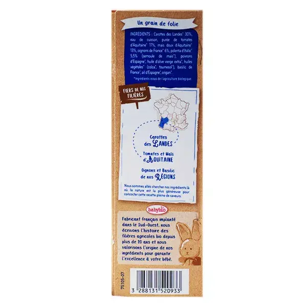 Tigela de refeição noturna Babybio, cenoura, tomate e polenta +12 meses, orgânica, 2 x 200g