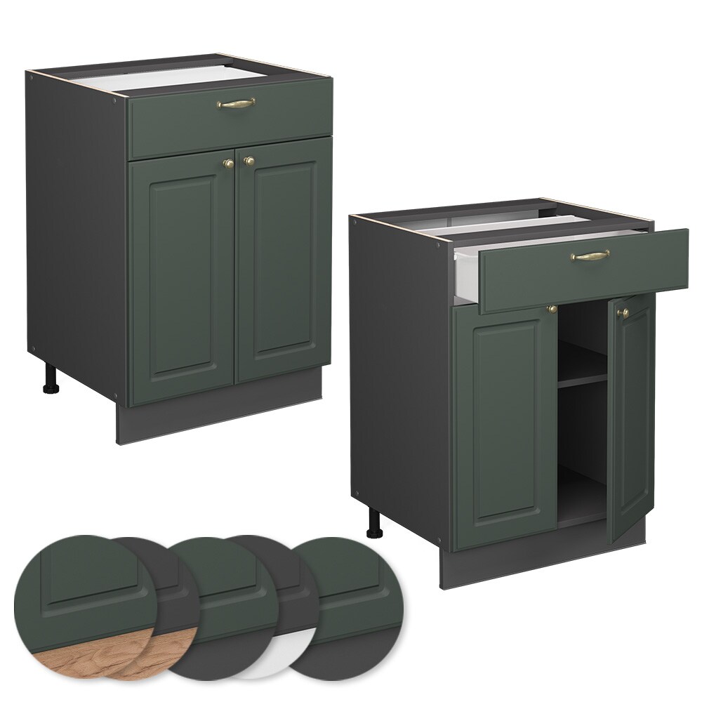 Vicco Schubunterschrank Küchenschrank Küchenmöbel Fame-Line Anthrazit Grün-Gold Landhaus 60 cm Küche Einbauküche Drehtür Schublade Einlegeboden Blende Küchenzeile