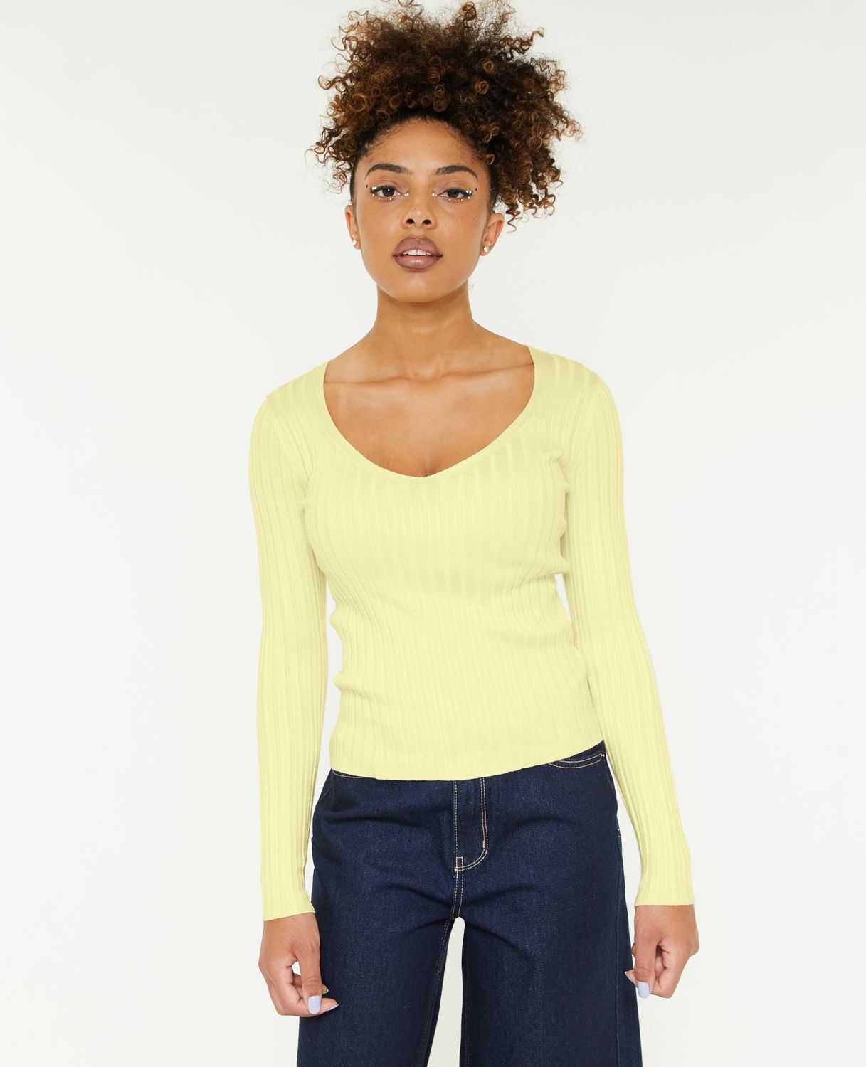 Pull col V maille côtes plates - Jaune