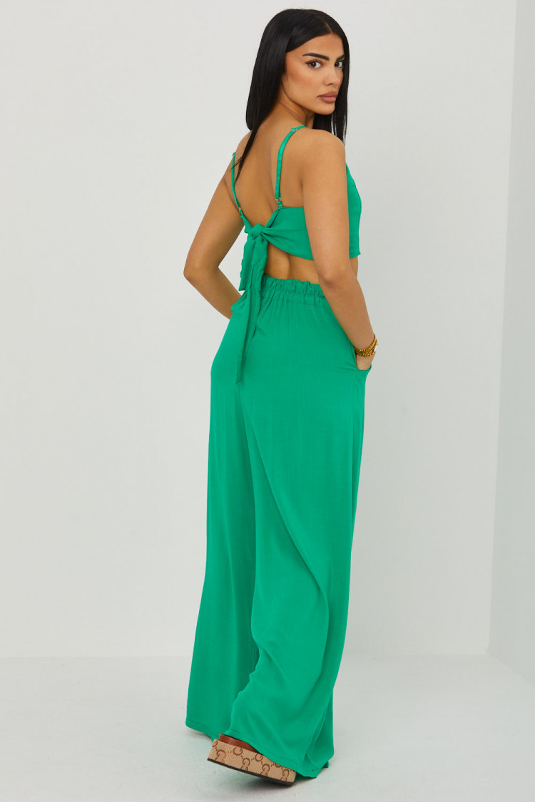 Ensemble effet lin 2 pièces crop top + pantalon vert