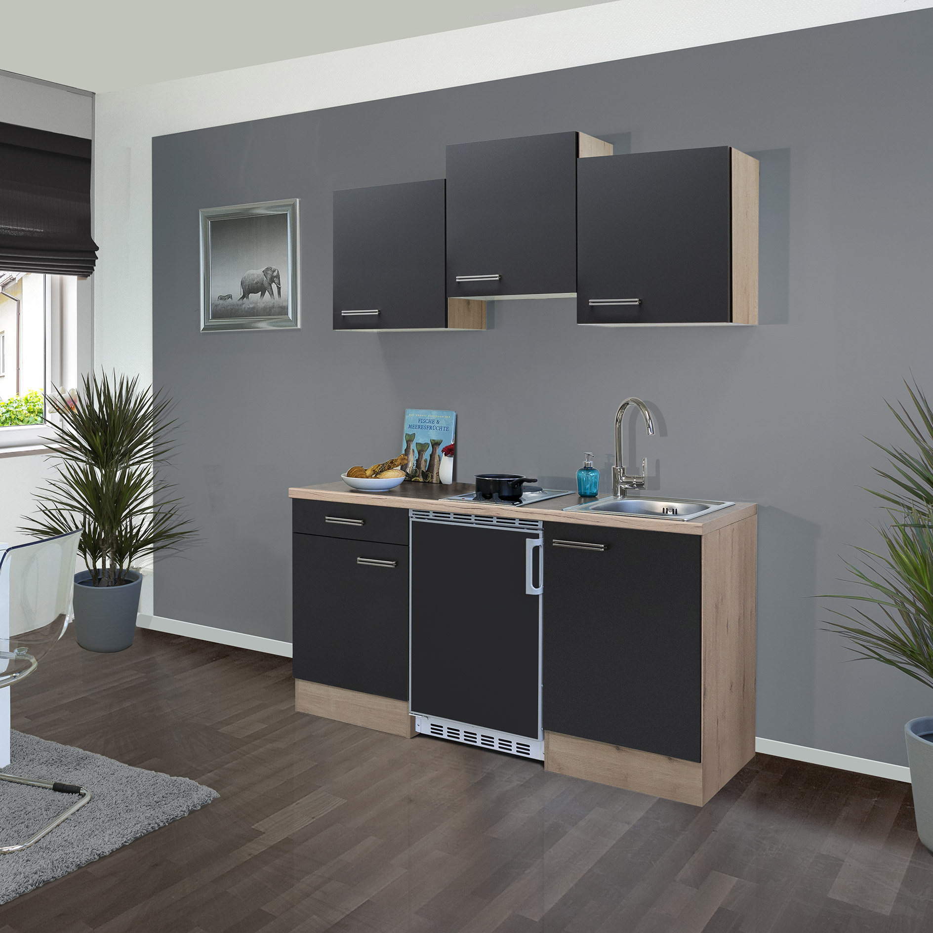 Küchenblock RISENTO - anthrazit Miniperl - San Remo Eiche hell - mit E-Geräten - 150 cm