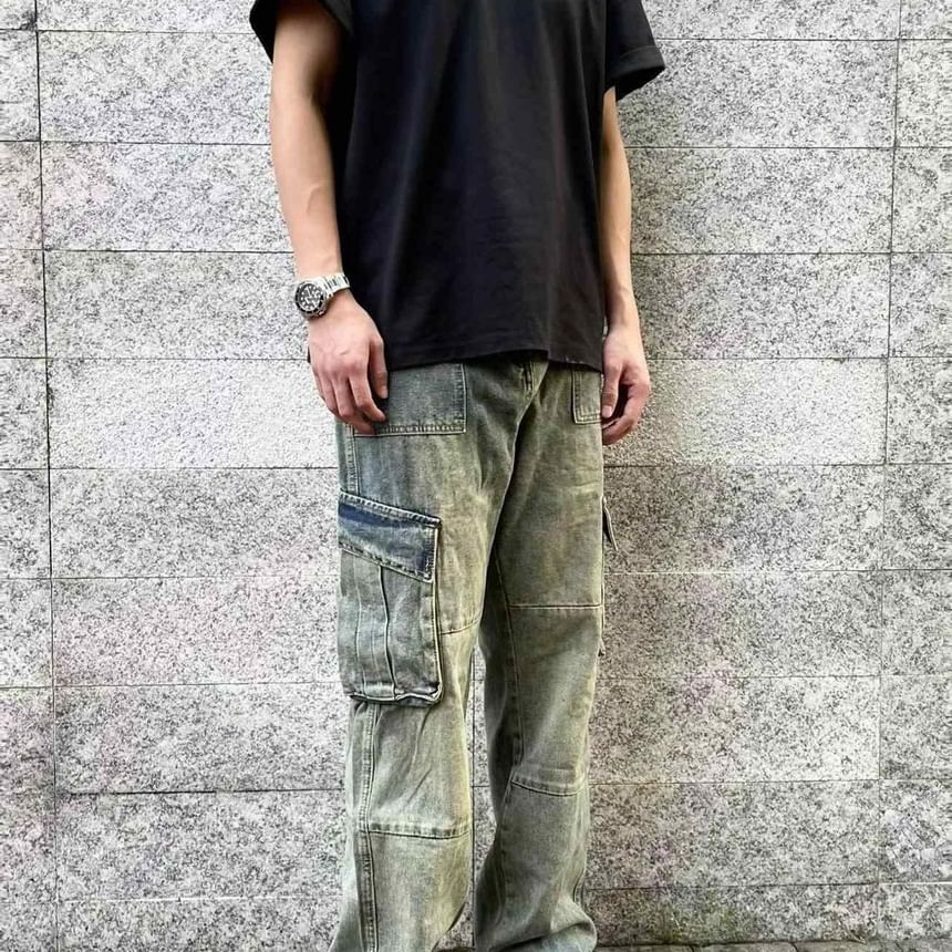 Adotuiastic - Mid Rise Washed Loose Fit Cargo Jeans