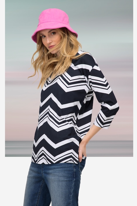T-Shirt, oversized, Zacken Muster, U-Boot-Ausschnitt, 3/4-Ärmel