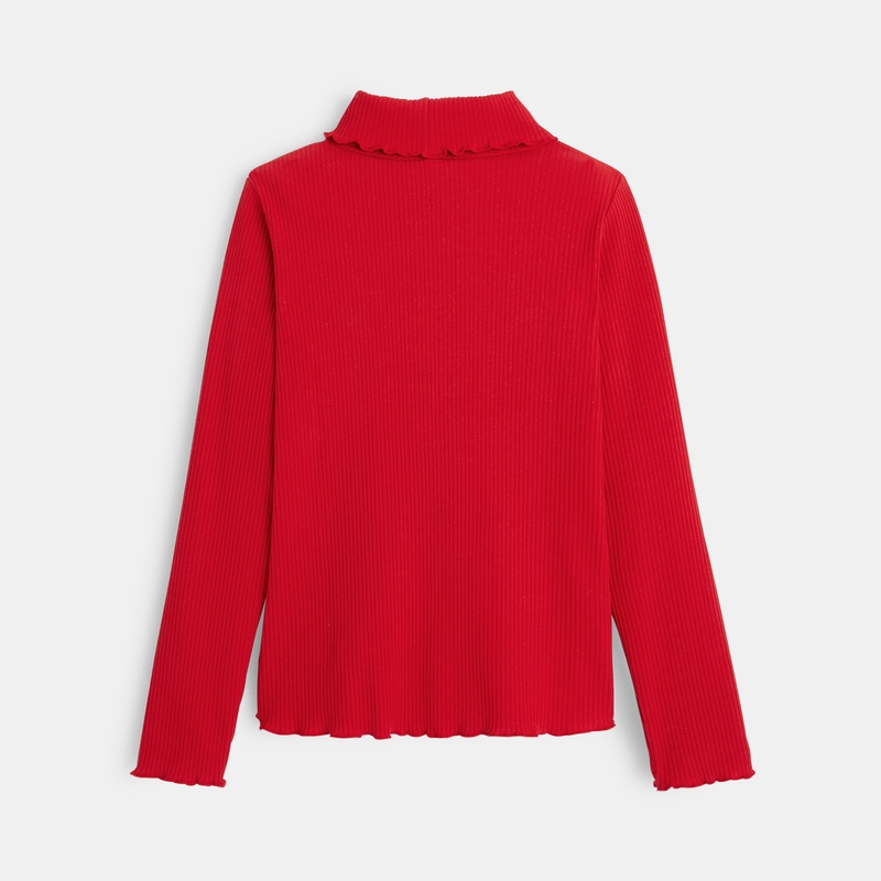 T-shirt col roulé côtelé uni rouge fille