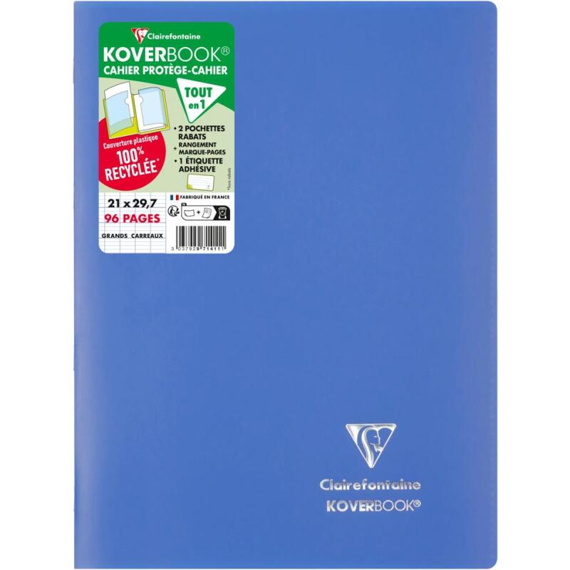 Cahier piqué Koverbook A4 96 pages grands carreaux couverture polypropylène opaque 100% recyclé - Assortis