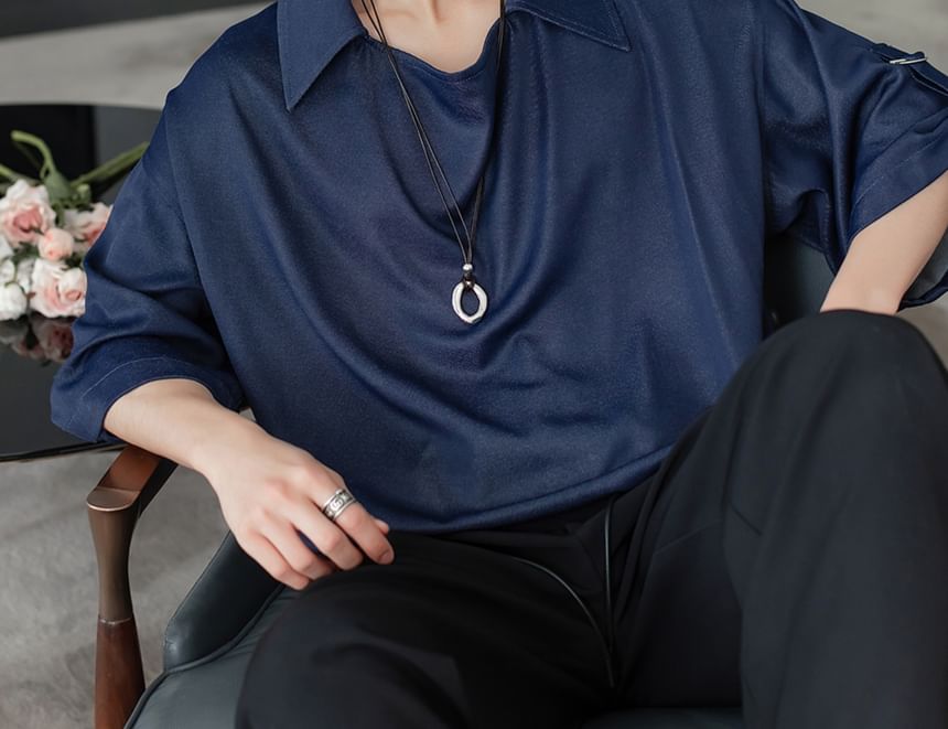 CHIC ERRO - Effen top met kraag, elleboogmouwen en col