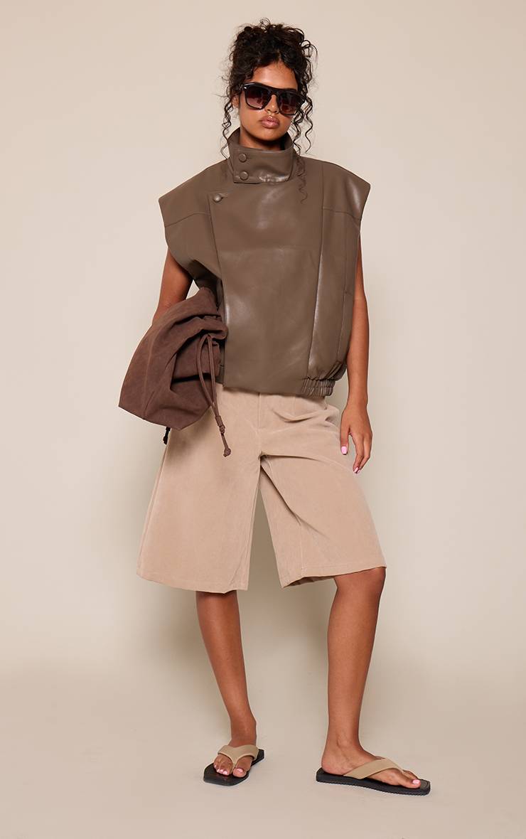Kaki Gilet Col Montant En Synthétiquecuir