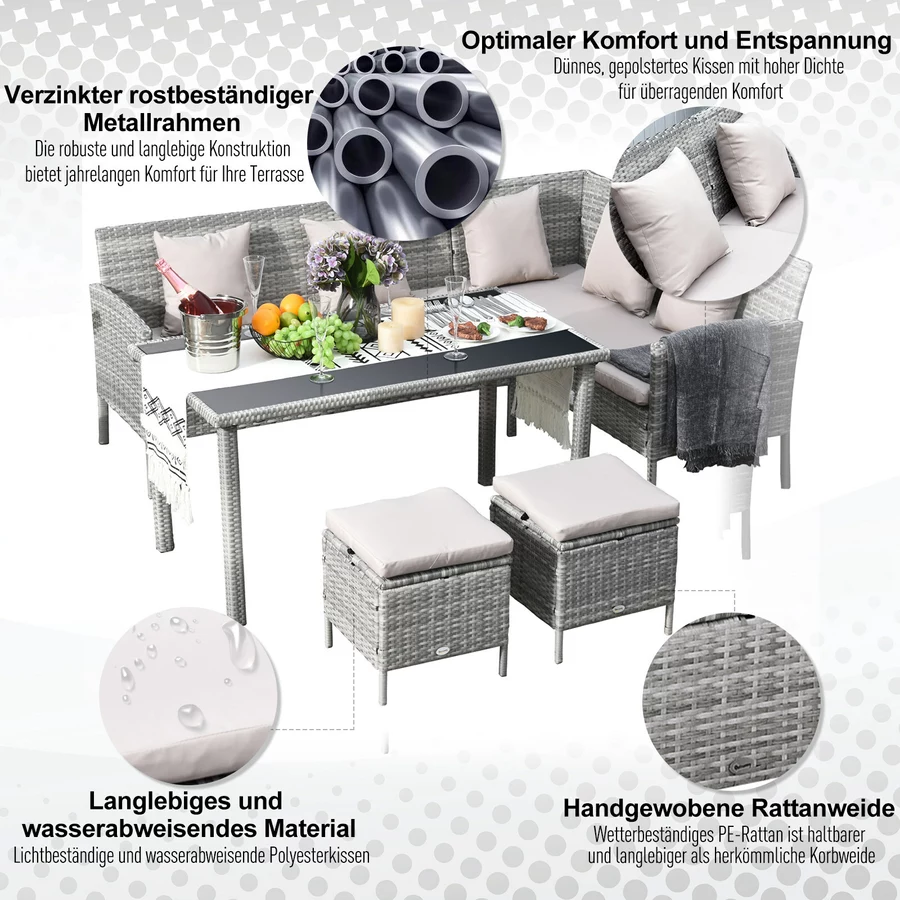 Outsunny Rattan Sitzgruppe mit Tisch grau, cremeweiß