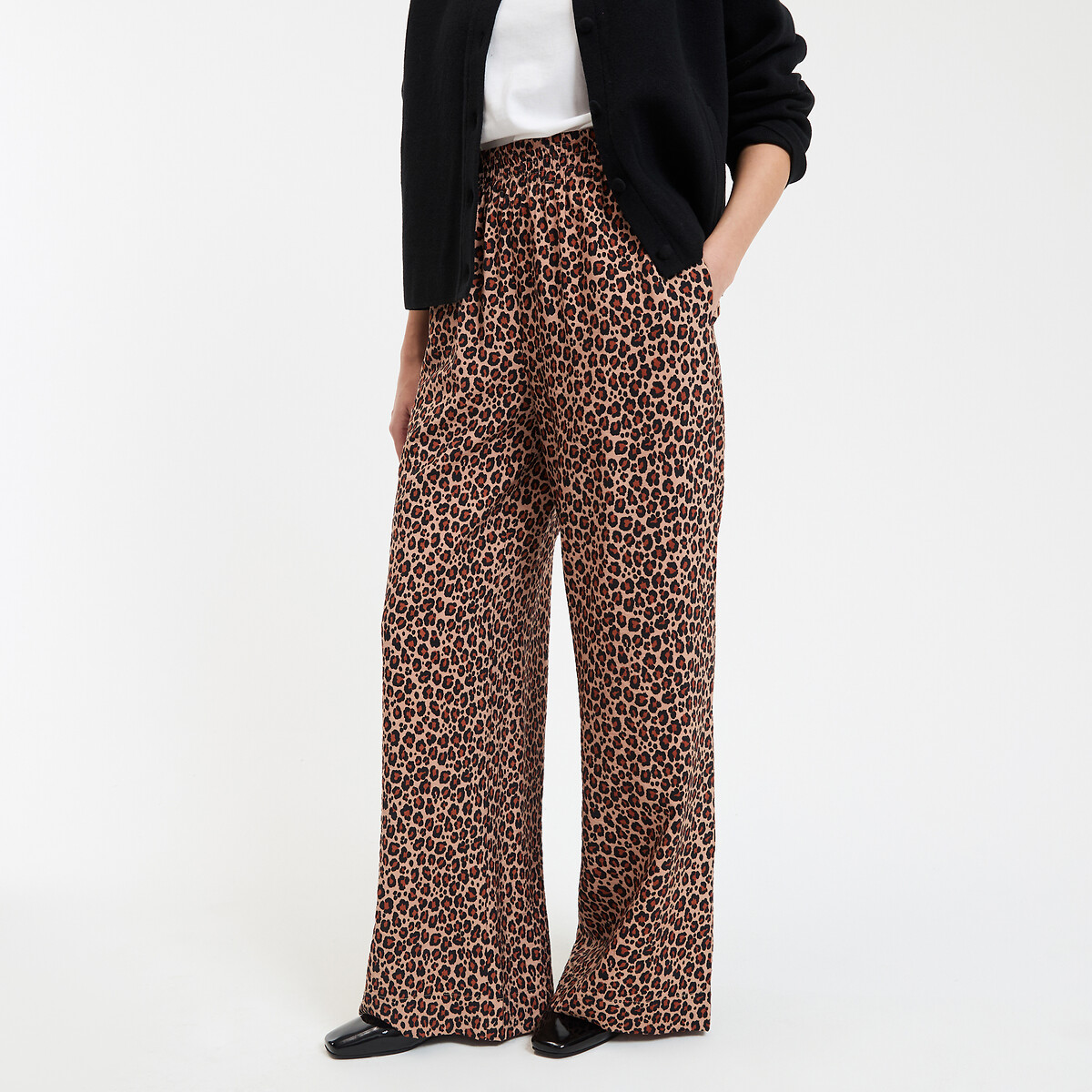 COLEÇÕES LA REDOUTE<br>Calças de perna larga e cintura alta com estampa de leopardo