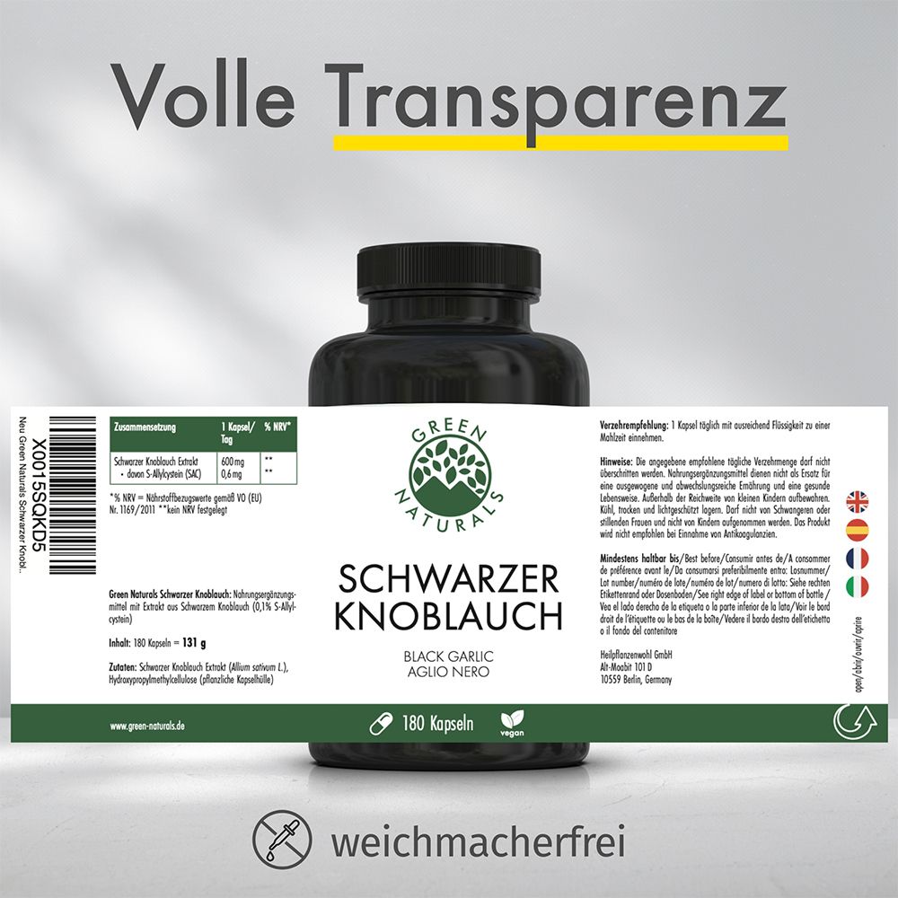 GREEN NATURALS Schwarzer Knoblauch 600 mg hochdosiert vegan