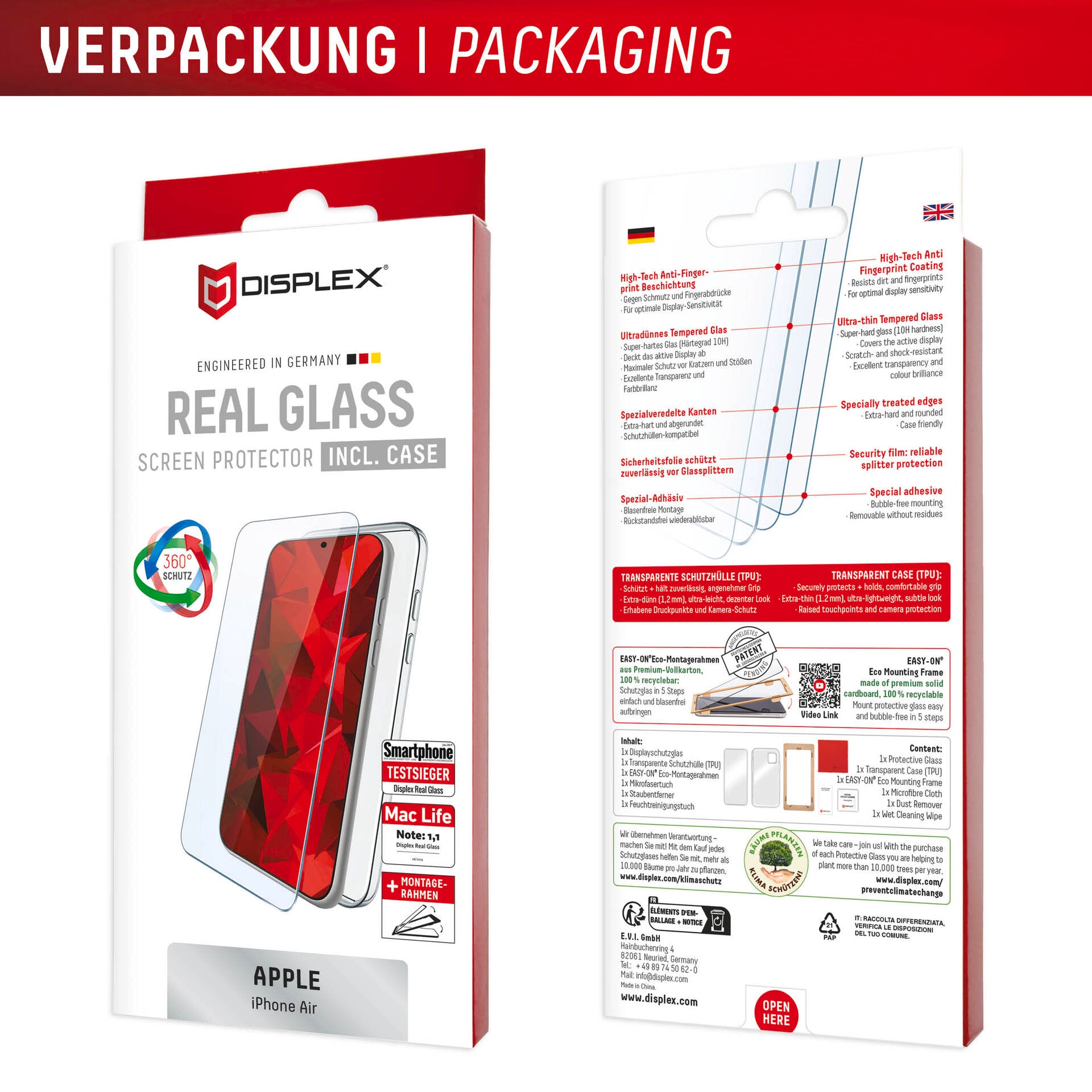 Displex Displayschutzglas »Real Glass Screen Protector inkl. Case« für Apple iPhone Air Displayschutzfolie, Schutzfolie, Bildschirmschutz, kratz- & stossfest