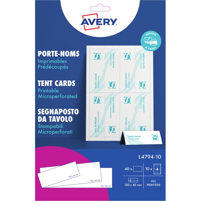 Chevalet porte-nom Avery papier 45 x 120 mm - Boîte de 40