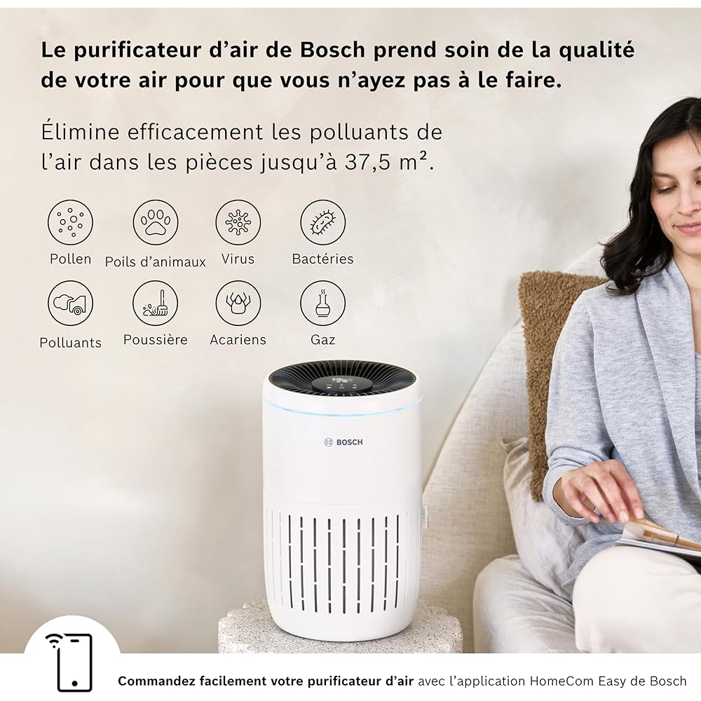 Bosch Air 2000i - Purificateur d'air intelligent - Couvre 37,5 m2 - Filtre efficacement plus de 99% des polluants - Mode auto/sommeil (< 25 dB(A)) - CADR : 180 m3/h - Connectivité avec écran et app : Cuisine et Maison