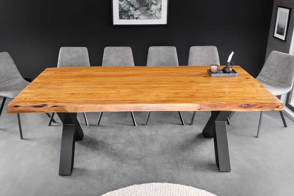 Massivholz Esstisch MAMMUT 200cm Akazie X-Gestell schwarz Metall Baumkante 5cm Tischplatte