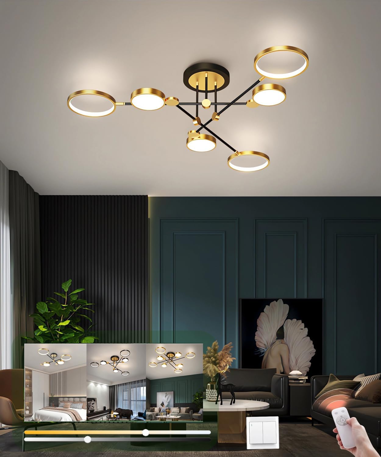 Moderne LED-Deckenleuchte 6 Köpfe dimmbar Wohnzimmer Deckenleuchte Schlafzimmer Deckenleuchte für Büro Küche Esszimmer Kronleuchter (Gold, 6 Köpfe)
