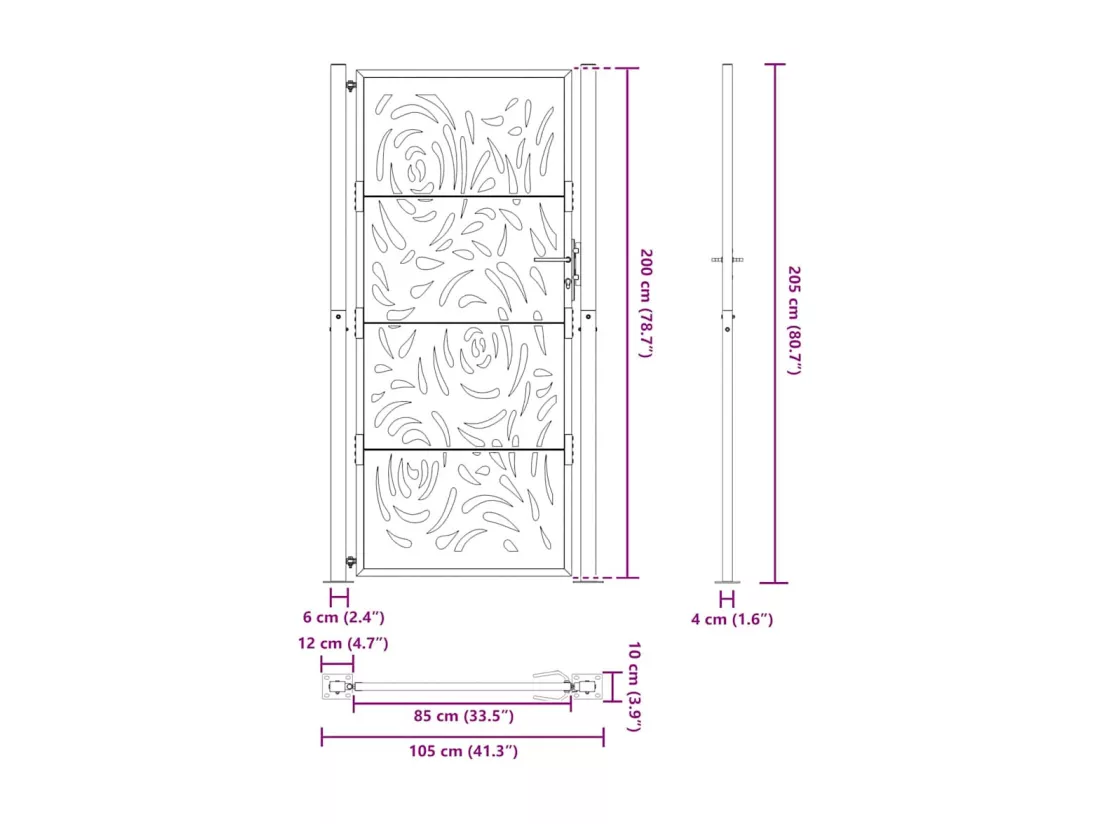Portail de jardin noir 105x205 cm acier conception de flamme