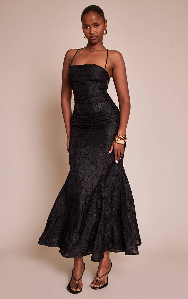 Noir Robe Longue Texturée À Dos Lacé