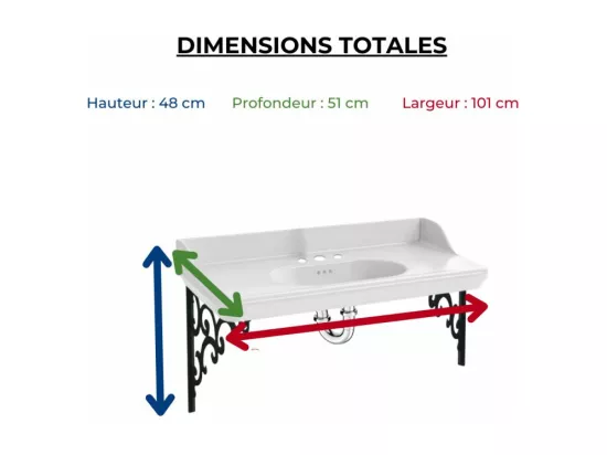Plan vasque suspendu 3 trous JACOB DELAFON Cléo 1889 avec équerres métal noir + siphon chromé