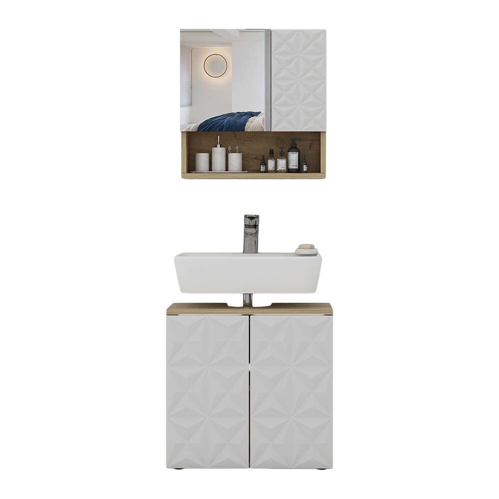 Vicco Badmöbel-Set Badezimmer-Möbel Bad-Schrank Edge Eiche Weiß modern Badezimmerschrank Waschbeckenunterschrank Spiegelschrank Badezimmerkommode