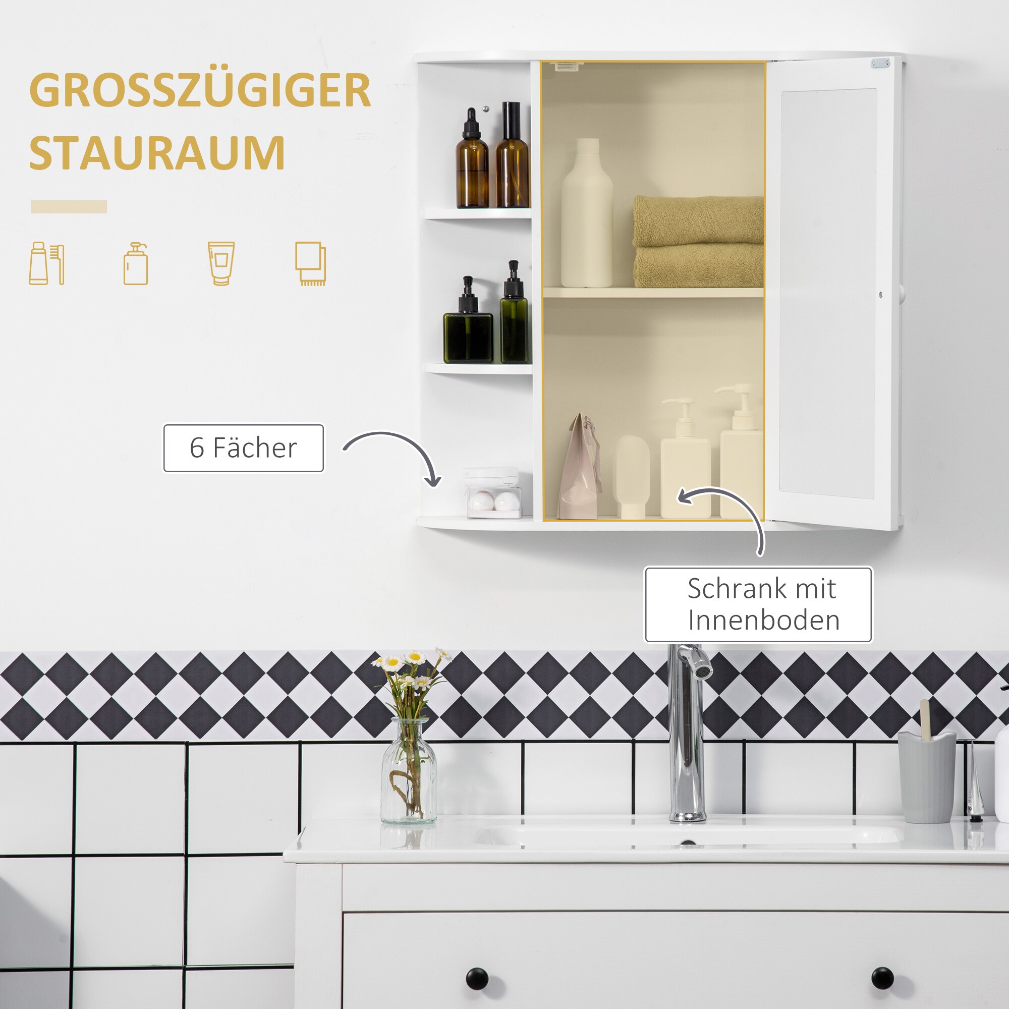 HOMCOM Badezimmerschrank mit Spiegel weiß 66L x 17B x 63Hcm