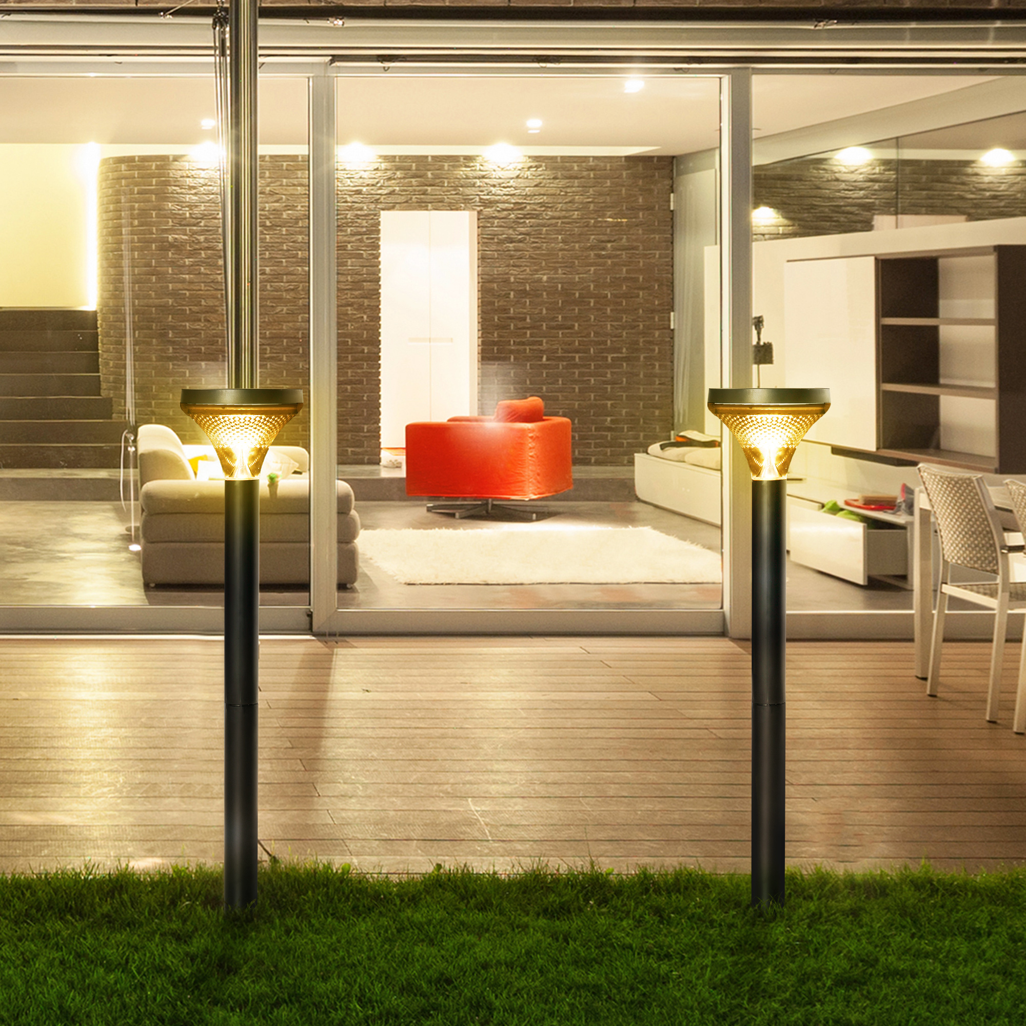 Conjunto de 2 luminárias solares de chão Outsunny com LED, 91,5 cm de altura, classificação IP44, ideais para jardim, pátio, parque e áreas externas, na cor preta.