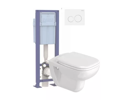 Pack WC suspendu sans bride DURAVIT D-code avec abattant frein de chute synthétique + bati support SIAMP + Plaque de commande blanche