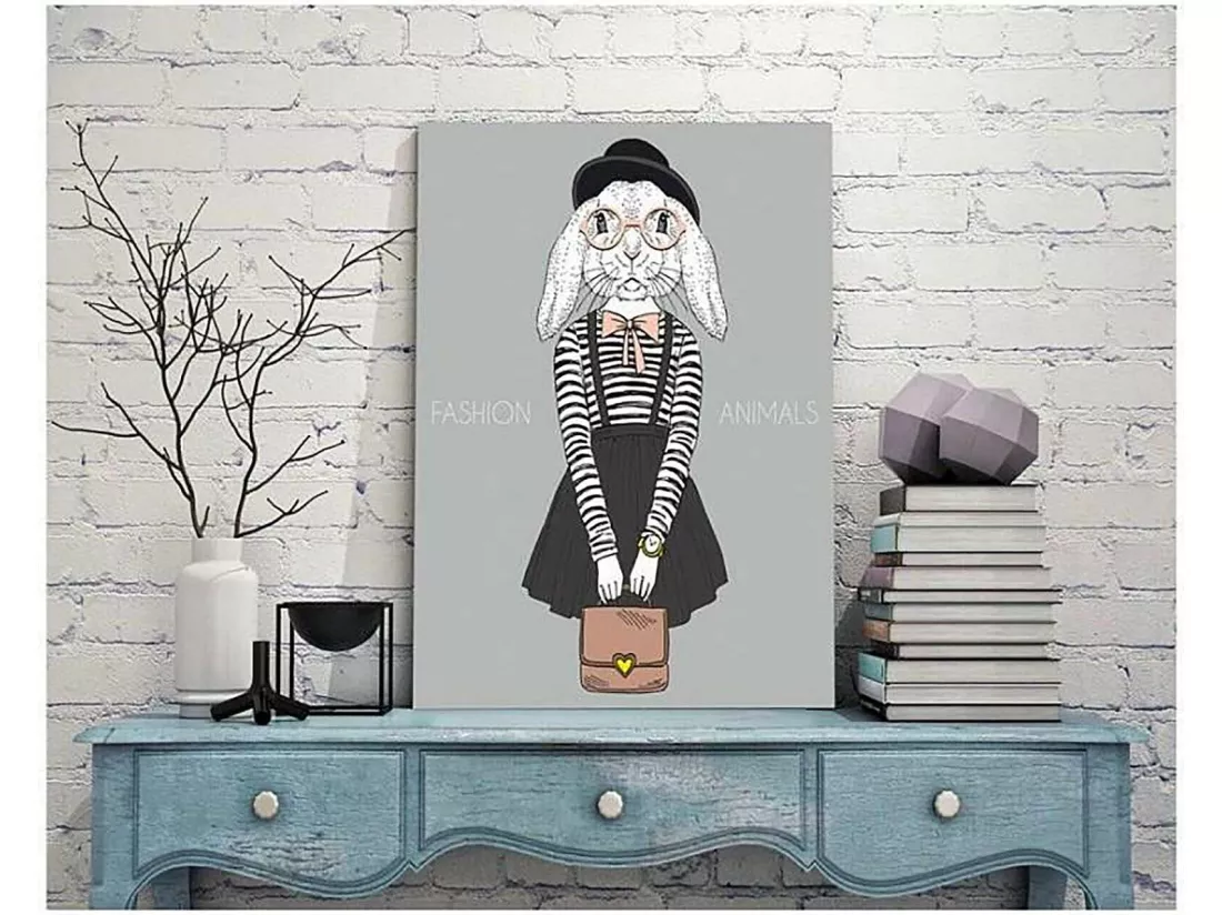 Tableau bois lièvre dans une jupe - 40 x 50 cm