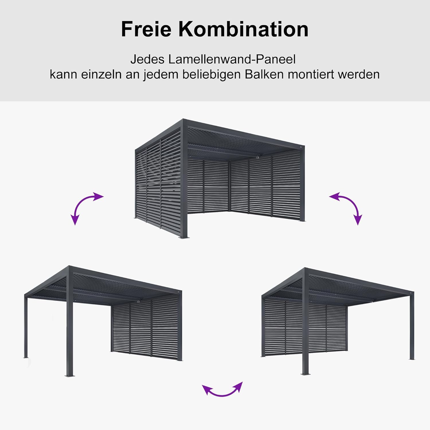 PURPLE LEAF Lamellenpergola 3.65 x 4.25 m mit Festen Lamellen Paneele Alu Pergola mit Verstellbarem Lamellendach Wasserdicht Stabil Winterfest Pavillon für Terrasse, 1 Lange Seite, Grau