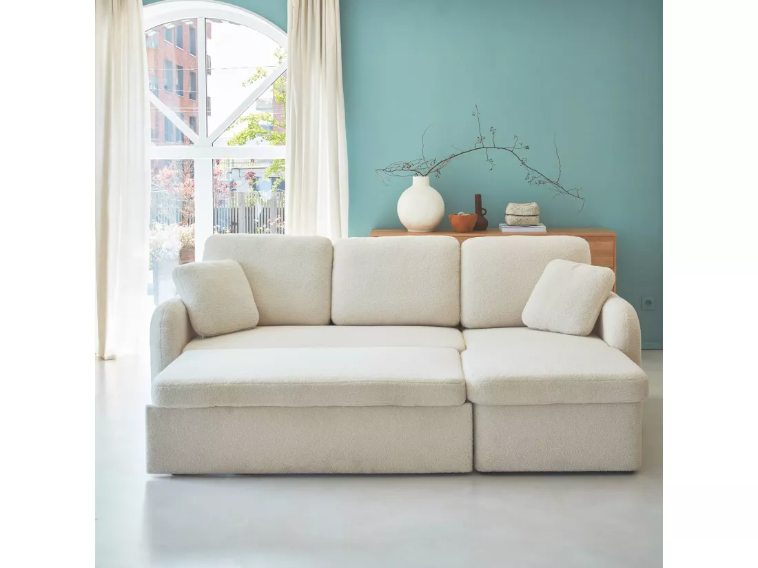 Canapé d'angle convertible en tissu bouclettes blanches - Milano - 3 places. fauteuil d'angle réversible coffre rangement lit modulable