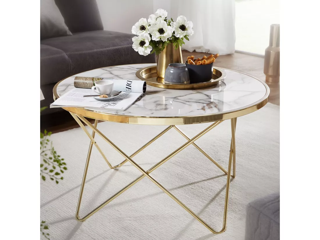 basse design aspect marbre blanc rond Ø 85 cm structure métal doré | Grande table de salon