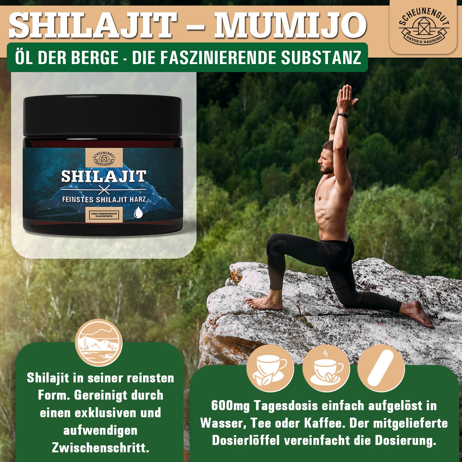 Scheunengut® Shilajit Harz | Das Original mit Dosierlöffel im Glastiegel
