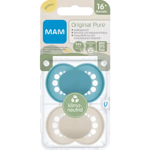 Schnuller Original Pure plain Silikon 16+ Monate, blau / beige