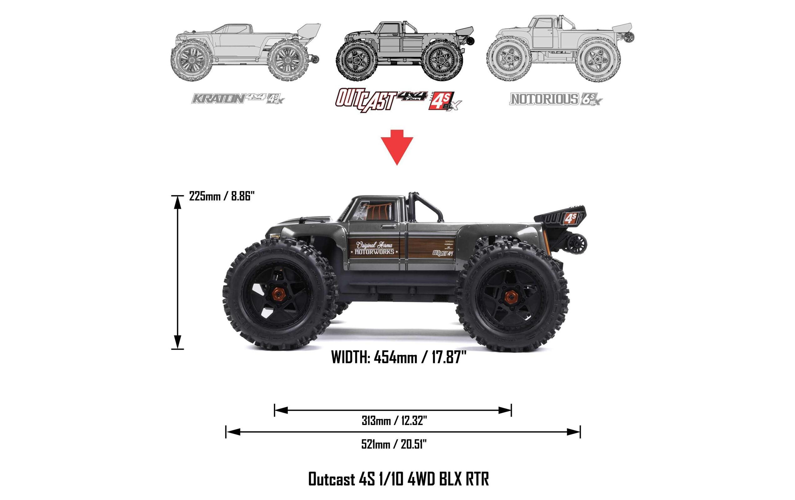 Monster Truck Outcast 4x4 4S V2 BLX Rot, ARTR, 1:10<br>Robuster Stunt Truck mit 4S Brushless Antrieb