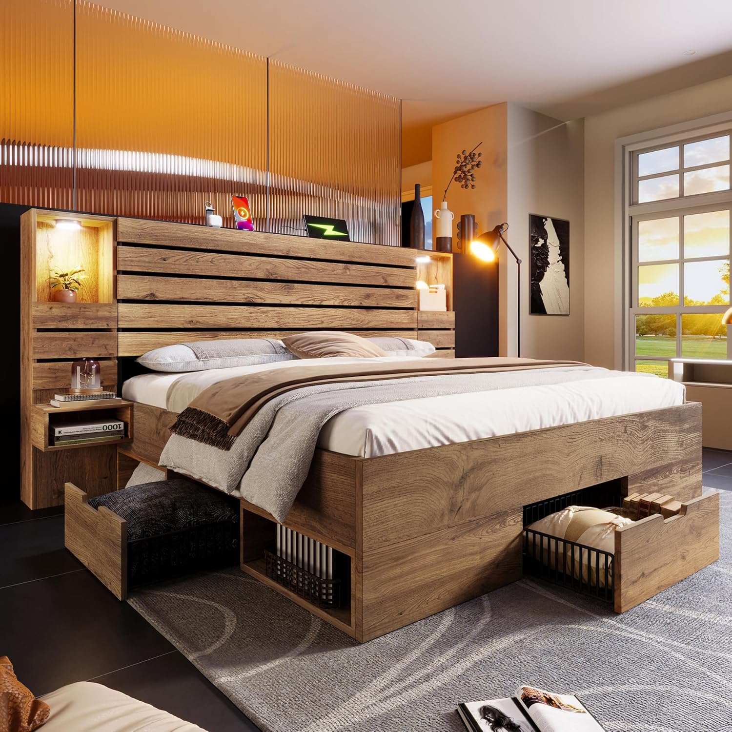 Kebnor Holzbett Doppelbett 160x200 cm mit LED-Downlights und USB Type-C, beleuchtete Nische, schwebende Nachttische, Unterbett-Stauraum mit Schubladen, Eichenoptik (Ohne Matratze) (160×200cm(Typ 3))