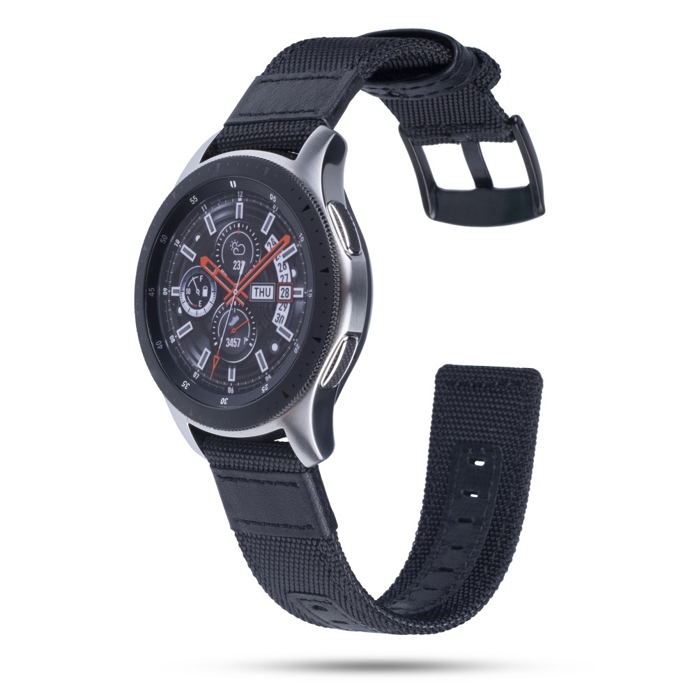 (Gr. XL) Samsung Galaxy Watch 46mm / Gear S3 Classic / S3 Frontier Nylon / Echtleder Armband (Gelenkumfang 185-245 mm) - Schwarz