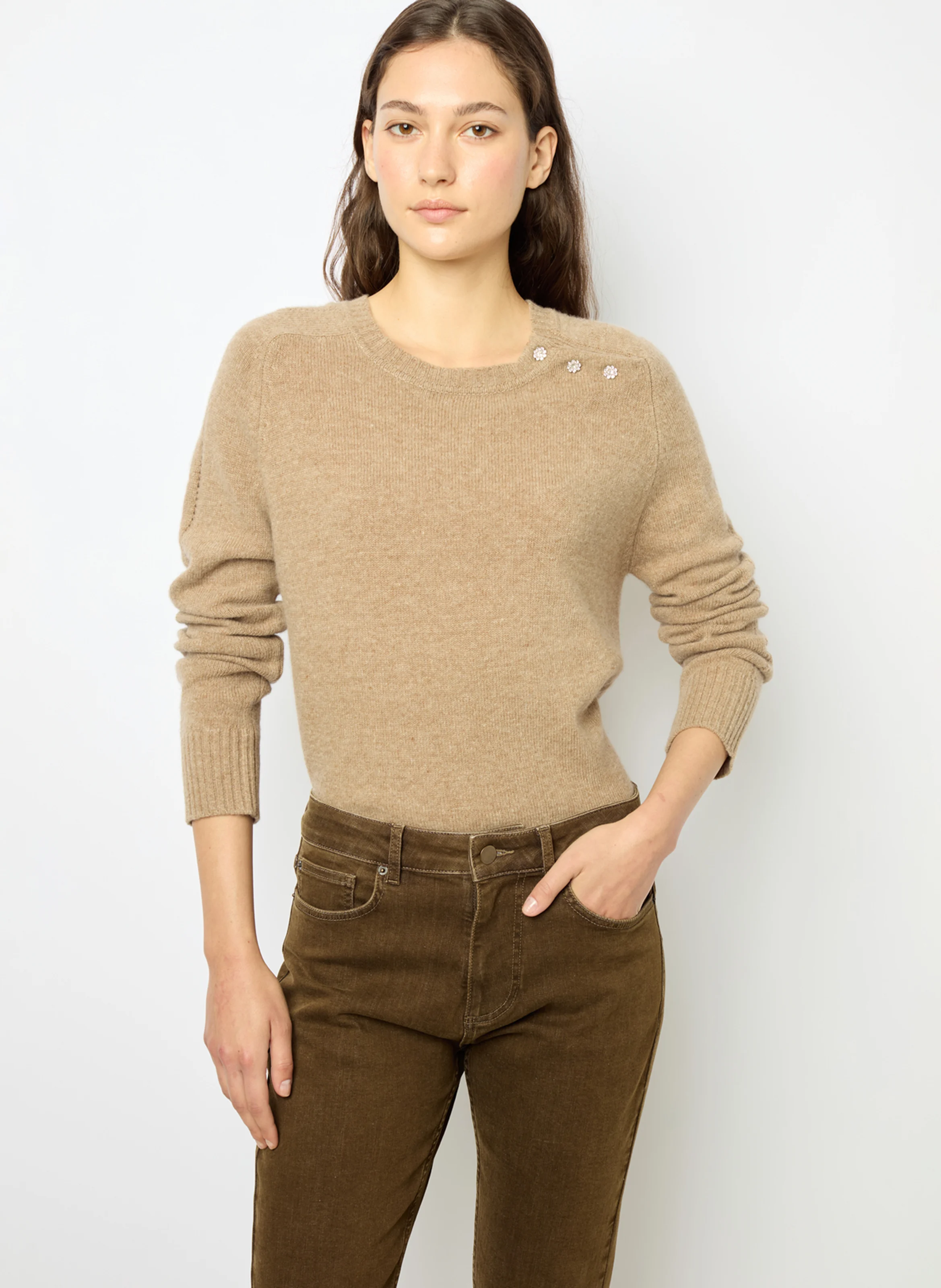 JOLENE - Pull col rond en laine mélangée| Beige