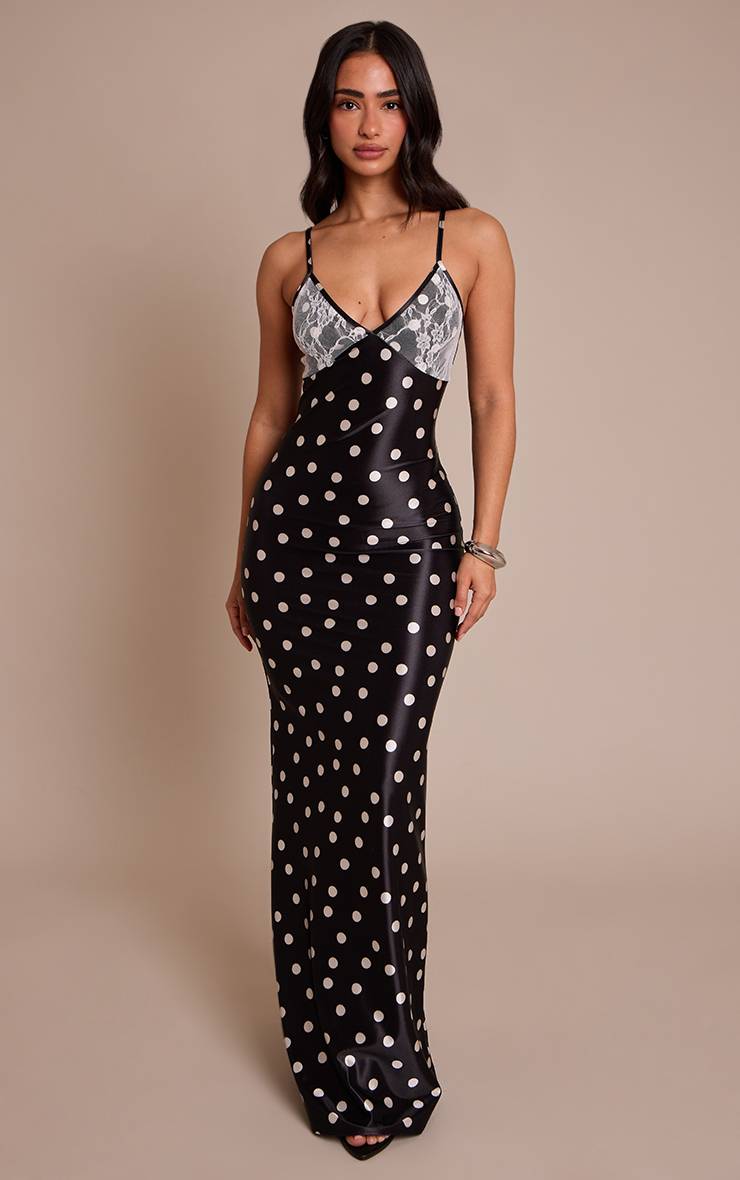 Noir Robe Maxi Petite À Pois Avec Détails En Dentelle