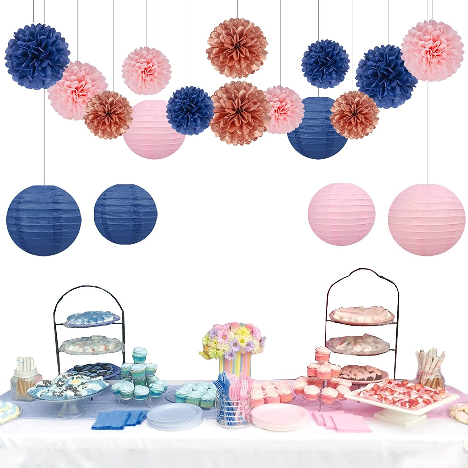 (12-tlg. Set) Papier Lampion Pompon's Deko Party / Geburtstag / Hochzeit - Rosa / Grau / Weiss