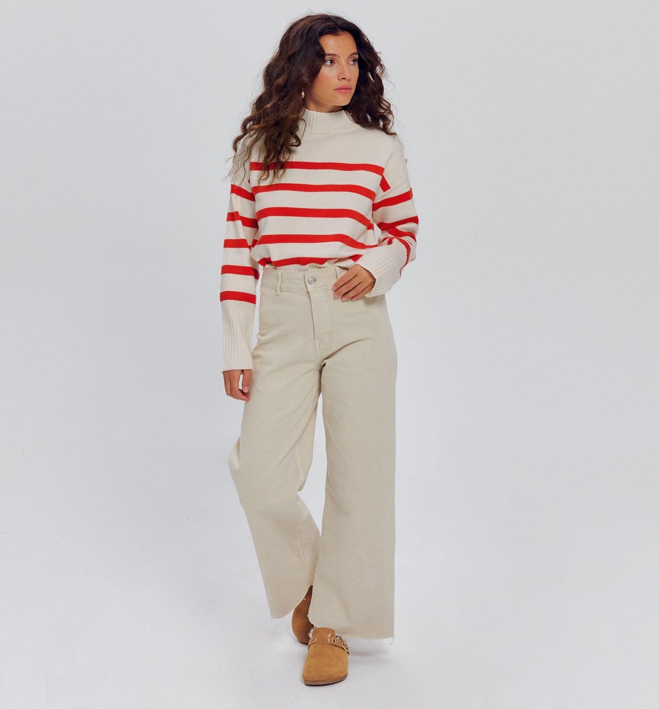 Pull marin col cheminée Femme - Rayé rouge