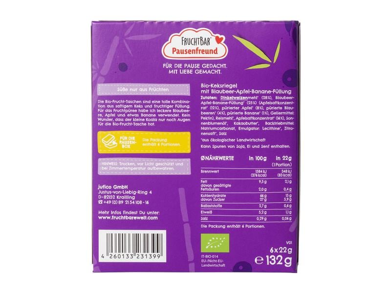 Fruchtbar Riegel Fruchttasche Dinkel, Blaubeere, Apfel 6 x Bio-Keks-Riegel mit Fruchtfüllung