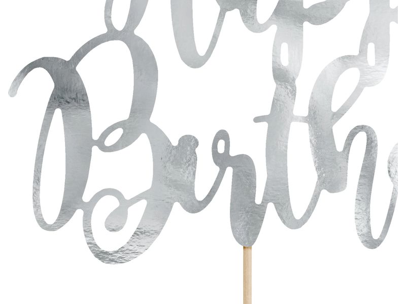 Partydeco Kuchen-Topper Happy Birthday 1 Stück, Silber Eleganter Torten-Topper