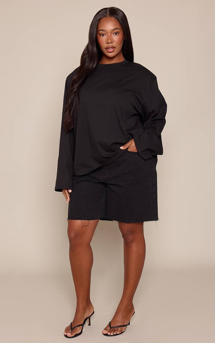 Noir T-shirt Grande Taille En Coton À Manches Longues Avec Épaulettes Et Coupe Oversize