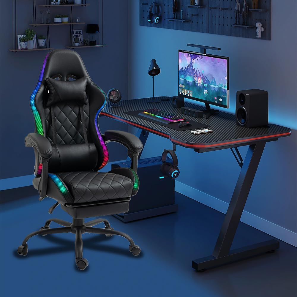 Delman Gaming-Stuhl Bürostuhl Gaming Stuhl mit LED, RGB Beleuchtung, Drehstuhl, Dicke Polsterung, Metallfußkreuz, Fußstütze 02-0055 (Schwarz)