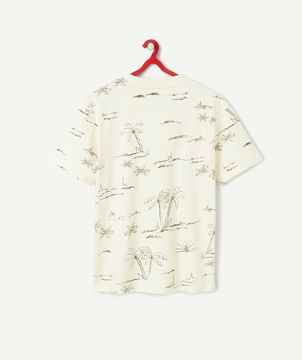 t-shirt manches courtes garçon en coton bio écru avec imprimé palmiers