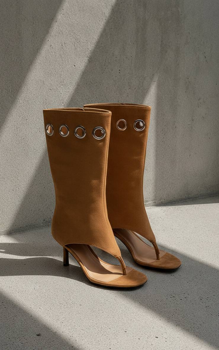 Camel Bottes À Talons En Synthétique Avec Œillets Et Bride Orteil